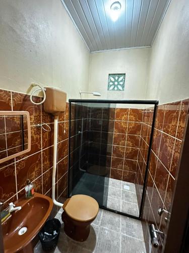 a bathroom with a shower and a toilet and a sink at Casa com 3 quartos em Alter do Chão in Santarém