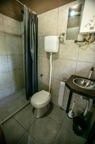 a small bathroom with a toilet and a sink at cabañas Piriapolis punta negra 099-66-35-44 in Punta Colorada