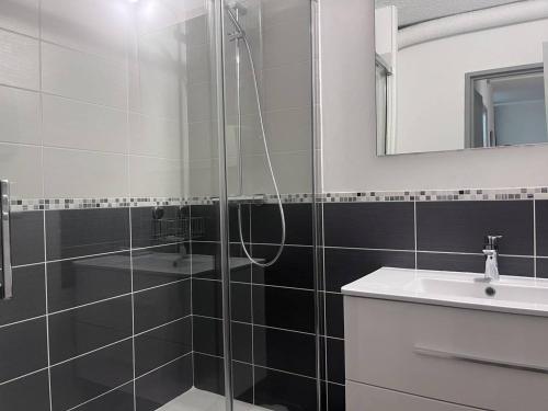 une salle de bain avec une douche avec un lavabo et un miroir dans l'établissement Appartement rénové avec parking à Cauterets - FR-1-812-128, à Cauterets