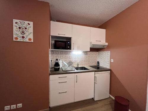 une petite cuisine avec des armoires blanches et un micro-ondes dans l'établissement Appartement rénové avec parking à Cauterets - FR-1-812-128, à Cauterets
