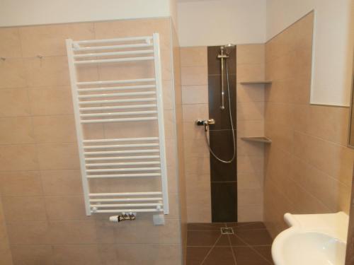 a bathroom with a shower with a toilet and a sink at Appartementhaus Gretzel in Wagrain
