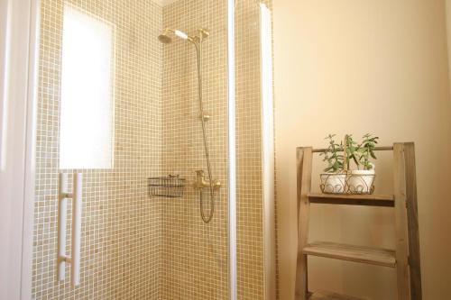 une salle de bain avec une douche avec une porte vitrée dans l'établissement Olives et Libellules, à Vence