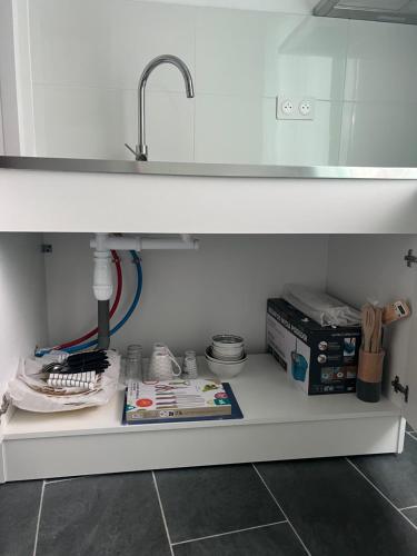 - une étagère de cuisine avec un évier sous un comptoir avec des livres dans l'établissement Victor Hugo, à Avesnes-sur-Helpe
