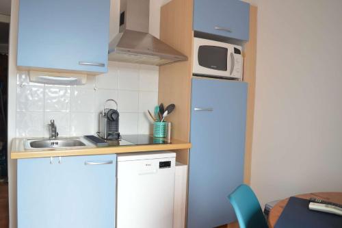 une petite cuisine avec un évier et un réfrigérateur dans l'établissement Appart T1 BANYULS SUR MER LA GRANDE BLEUE BN410-023, à Banyuls-sur-Mer