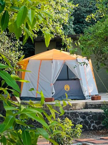an orange and white tent sitting on some steps at Gaia Ekole in Āmbavna