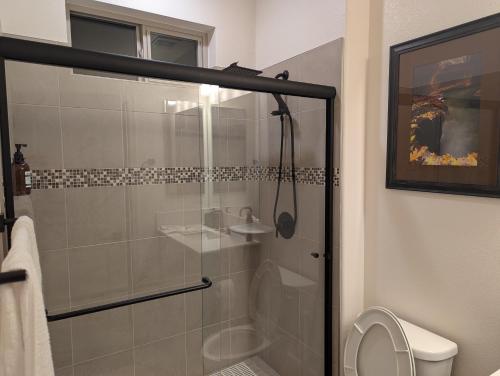 a bathroom with a glass shower with a toilet at Mountain Melody Hideaway in Reno