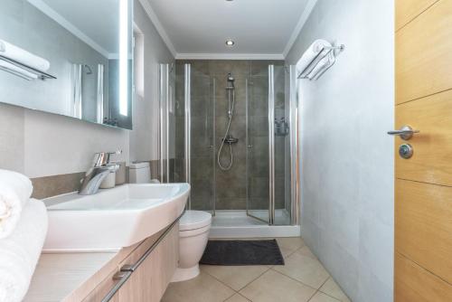 a bathroom with a shower and a sink and a toilet at Comfortable Duplex Apartment with 2 bedrooms & 2 terraces 200 m away from the Ocean in Porches