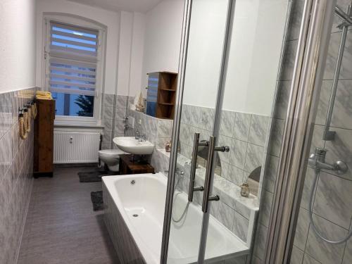 a bathroom with a shower and a sink and a tub at Gemütliche Wohnung direkt am Bahnhof perfekte Lage in Bitterfeld