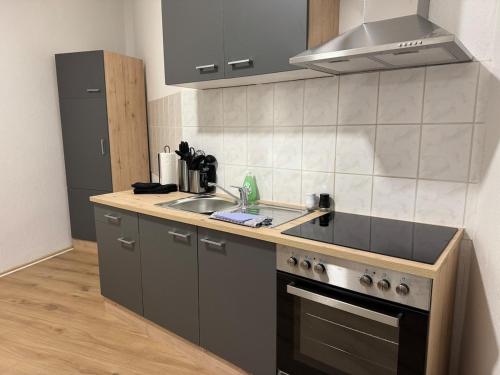 a kitchen with a sink and a stove top oven at Gemütliche Wohnung direkt am Bahnhof perfekte Lage in Bitterfeld