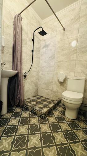 une salle de bain avec une douche, des toilettes et un lavabo dans l'établissement Sultan Hostel & Guesthouse, à Istanbul