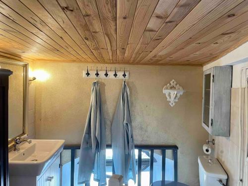 une salle de bain avec un lavabo et un rideau de douche dans l'établissement La Tour Morazzani Cap Corse Hideaway, à Brando