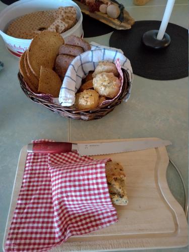 a basket of bread on a table with a plate of food at STF Orsa Hostel in Orsa