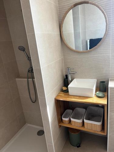 une salle de bain avec un lavabo et un miroir dans l'établissement Sun Oasis Suite Parentale, à Bretignolles-sur-Mer