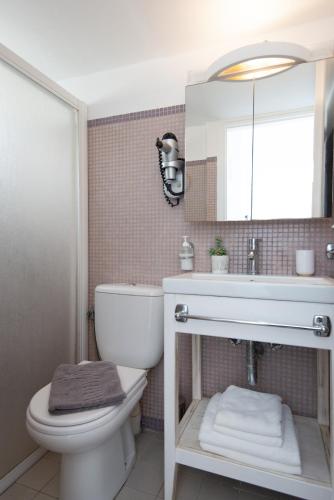 a bathroom with a toilet and a sink and a mirror at Anthousa Hotel in Apollonia