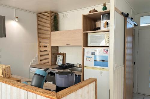 une petite cuisine avec un réfrigérateur et un évier dans l'établissement Charming T3 with balcony in Arcachon, à Arcachon