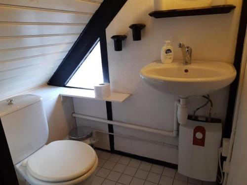ein Badezimmer mit Waschbecken und Toilette und einem Fenster in der Unterkunft Holiday home in Sint Maartenszee in Sint Maartenszee