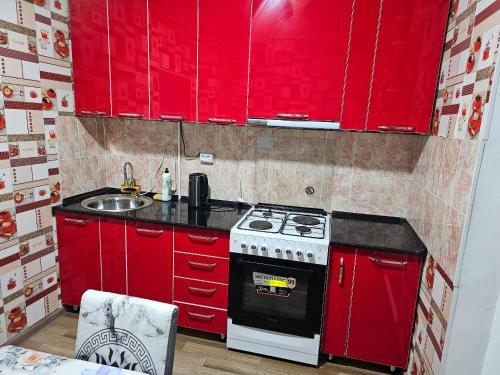 a small kitchen with red cabinets and a stove at Guesthouse Mirlan in Karakol