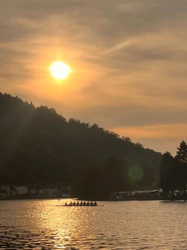 a group of people rowing a boat on the water at sunset at Mauersegler in Miltenberg