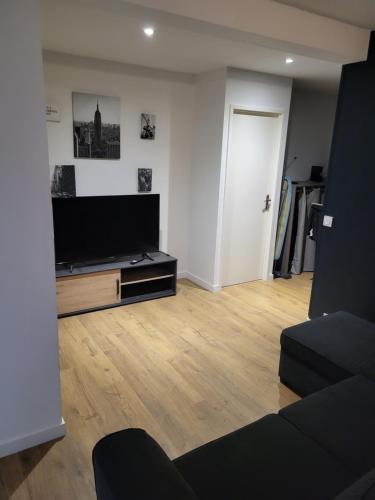 un salon avec une télévision à écran plat et un canapé dans l'établissement Chambre privée dans un appartement en colocation proche groupama stadium, ldlc arena,aéroport,euroxpo, à Décines-Charpieu