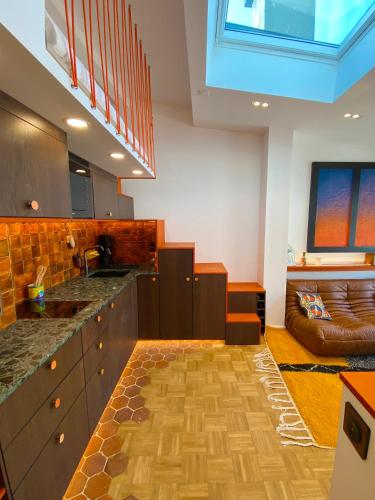 une cuisine avec un évier et un canapé dans une chambre dans l'établissement Calme absolu et terrasse à Bastille, à Paris