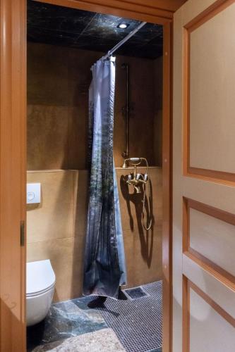 a bathroom with a toilet and a shower curtain at Parlament in Tallinn