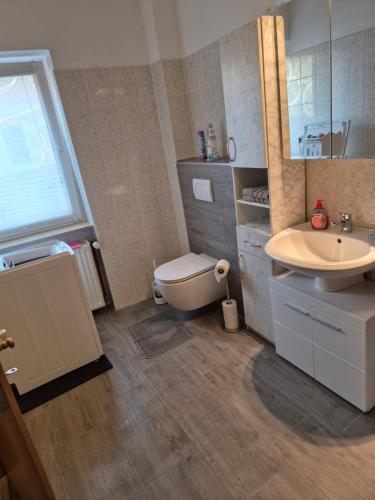 Et badeværelse på Ferienwohnung/Monteurunterkunft Leopolshall