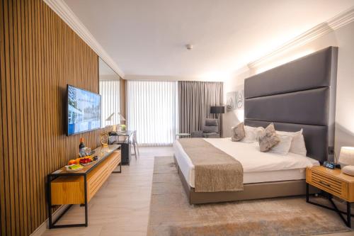 a hotel room with a bed and a television at David Dead Sea Resort & Spa in Ein Bokek