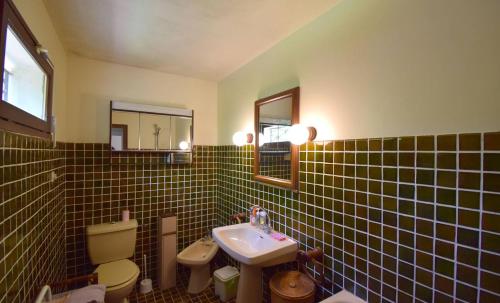 ein Bad mit einem WC, einem Waschbecken und einem Spiegel in der Unterkunft Ancienne gare rénovée - Clévacances 2 Clés in Réaup