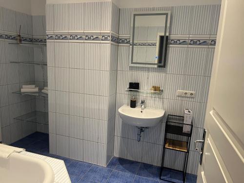 a bathroom with a sink and a mirror at Weinhaus Wöhler in Schwerin