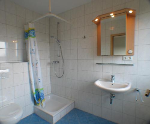 a bathroom with a sink and a shower and a toilet at Schirmer`s Hotelino in Röhrmoos