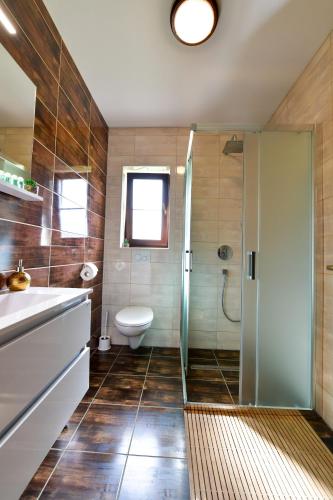 a bathroom with a toilet and a sink and a shower at House Flora in Rastovača