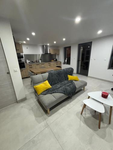 un salon avec un canapé gris et des coussins jaunes dans l'établissement Charmante petite maison, à Publier