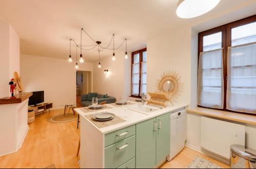 une grande cuisine avec évier et un salon dans l'établissement Cosy Paquier, à Annecy