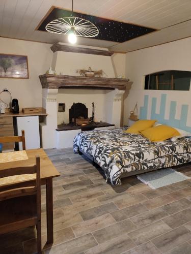 une chambre avec un lit et une cheminée dans l'établissement Le mas Roc'amour, à Roquemaure