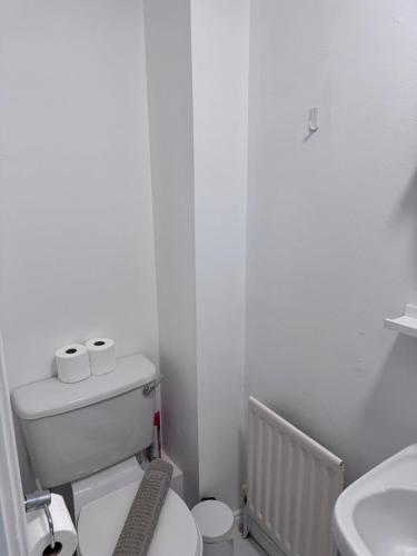 a white bathroom with a toilet and a sink at Entire place close to Airport & City in Dublin