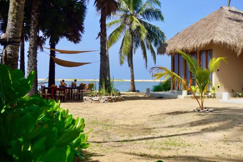 a resort with palm trees and a hammock on the beach at Mojo in Vannativillu