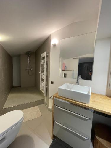 une salle de bain avec un lavabo blanc et des toilettes dans l'établissement Très beau duplex, 2 chambres, parking privé, plage à 5 minutes, à Sainte-Maxime
