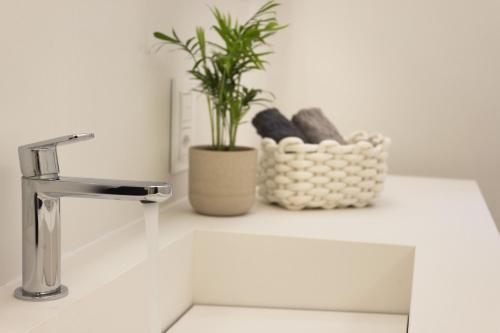 a bathroom sink with a faucet and a plant at Luxury flat by the lake in Morcote