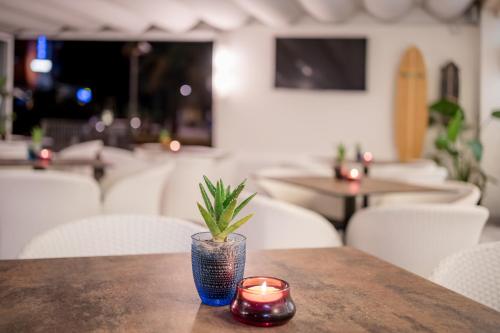a table with a candle and a potted plant on it at All'Orologio - Boutique Hotel in Caorle