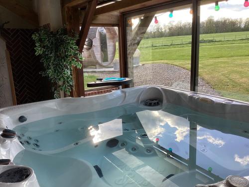 d'une baignoire avec vue sur une fenêtre. dans l'établissement La Fontaine du Perche - Piscine Spa Sauna Home cinema, à La Livarderie