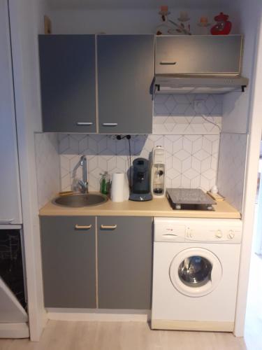 une petite cuisine avec un évier et une machine à laver dans l'établissement Vue sur Mer, à Saint Pierre La Mer