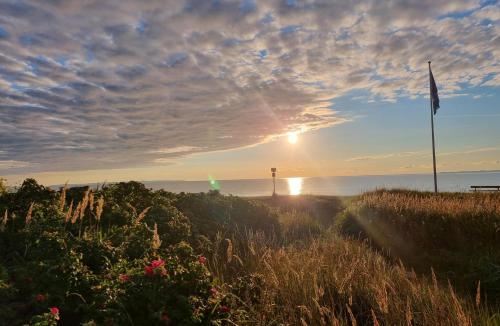 a sunset on the beach with the sun setting over the ocean at First Camp Ajstrup Strand in Malling