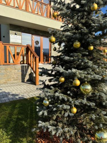 a christmas tree in front of a house at Pensiunea Magic in Băile Govora