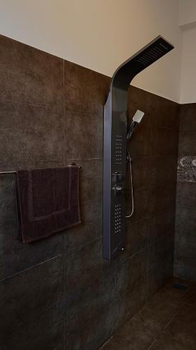 a bathroom with a shower with a brown wall at Mates Villa in Weligama