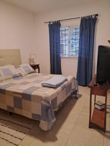 a bedroom with a bed with blue curtains and a television at posada acevedo in Acevedo