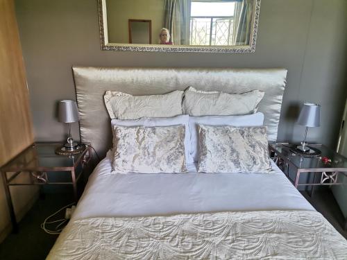 a bedroom with a bed with pillows and a mirror at Green Hills Farm House in Drummond