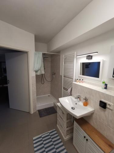 ein Badezimmer mit Waschbecken, Badewanne und Fernseher in der Unterkunft Dürr in Berlin