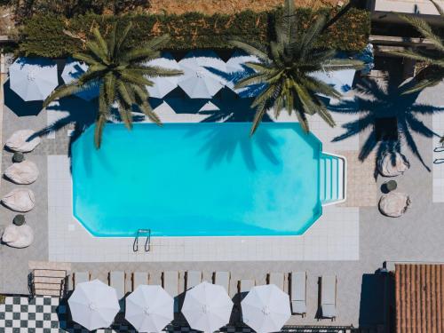 an overhead view of a swimming pool with palm trees at Rose Club Apartments in Laganas