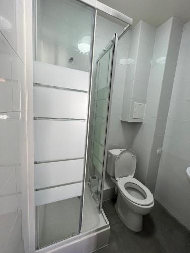 une salle de bain avec toilettes et douche en verre dans l'établissement Studio TK7 - Centre-Ville Meaux - Proche Disneyland, à Meaux