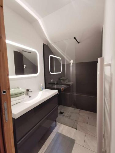 une salle de bain avec un lavabo et un miroir dans l'établissement Duplex rénové au pied des pistes, au Monêtier-les-Bains